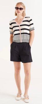 Compania Black & Soft White Fine Knit Short Sleeve Cardigan-Top