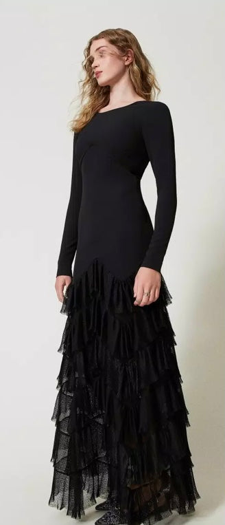 Twinset Milano Long Black Dress with Lace Flounce Frill Botton