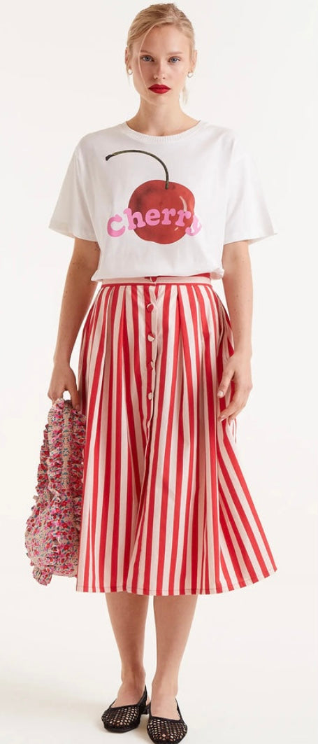 Compania Red & Pink Stripe Poplin Cotton Midi Skirt