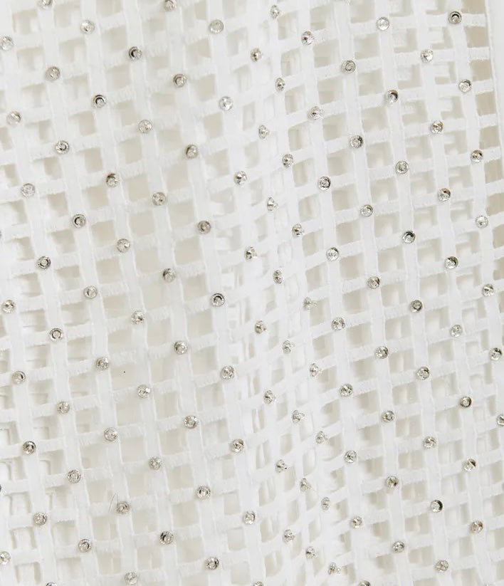 Essentiel Antwerp White Mesh Sleeveless Shirt with Crystal Embellishments