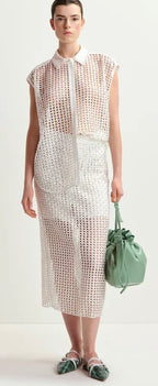 Essentiel Antwerp White Mesh Sleeveless Shirt with Crystal Embellishments