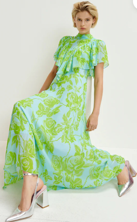 Essentiel Antwerp Green & Blue Floral Chiffon Midi Dress