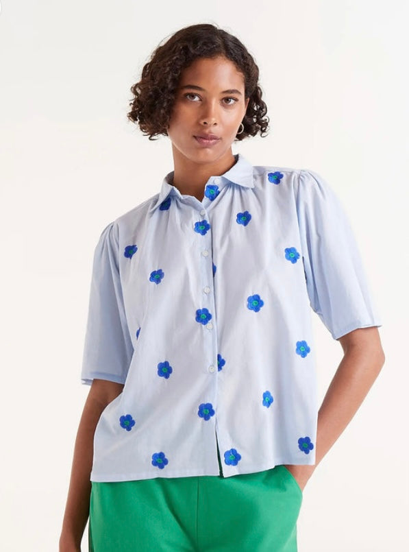 Compania Blue Short Sleeve Blouse with blue flowers