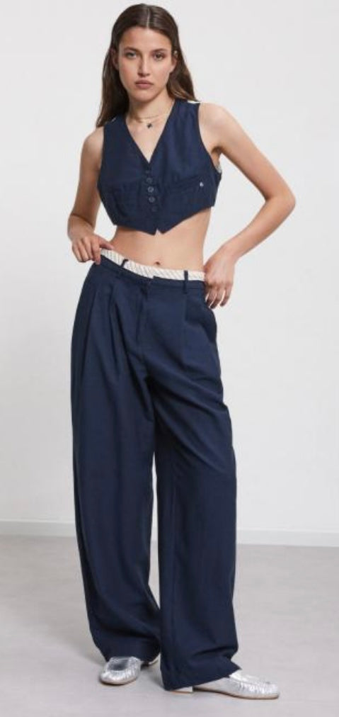 Ottod’Ame Navy Linen blend Slouchy Straight leg Trousers