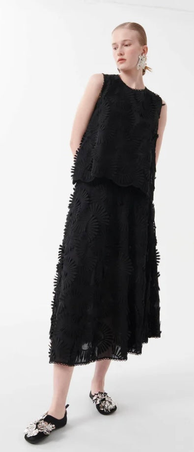 Beatrice B Black Embossed Appliqué Fluid Full Skirt
