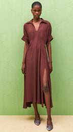 Beatrice B Chocolate Silk Dress with Pleated waist