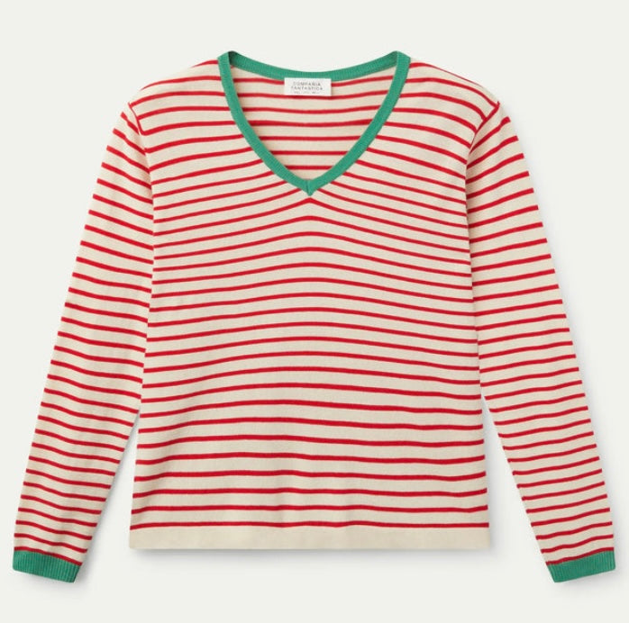 Compania Red Striped V-Neck Fine Knit Sweater