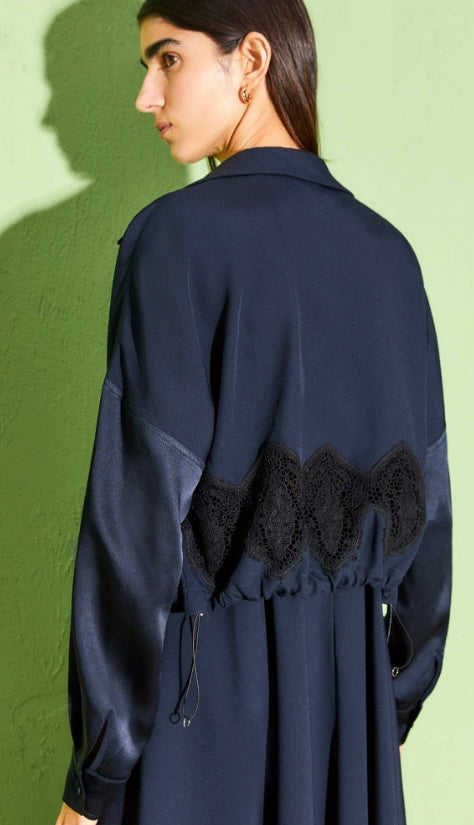 Beatrice B Navy Silk Bomber Jacket with Lace Insert