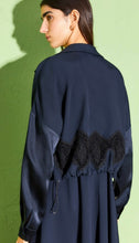 Load image into Gallery viewer, Beatrice B Navy Silk Bomber Jacket with Lace Insert
