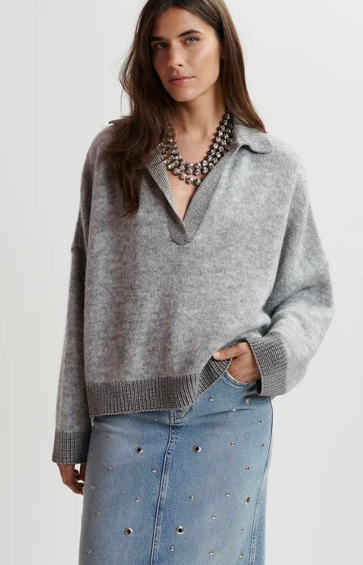Essentiel Antwerp Silver & Dove Grey Wool Polo Sweater