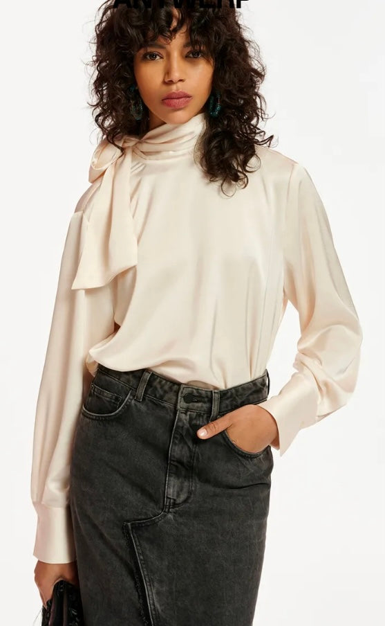 Essentiel Antwerp Winter White Satin Pussybow Blouse