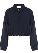 Load image into Gallery viewer, Beatrice B Navy Silk Bomber Jacket with Lace Insert
