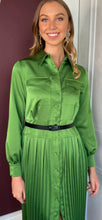 Load image into Gallery viewer, Beatrice B Kiwi Green Satin Pleated Midi Shirt Dress
