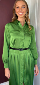 Beatrice B Kiwi Green Satin Pleated Midi Shirt Dress