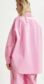 Essentiel Antwerp Pink Cotton Shirt with Embroidery Anglaise Appliqué