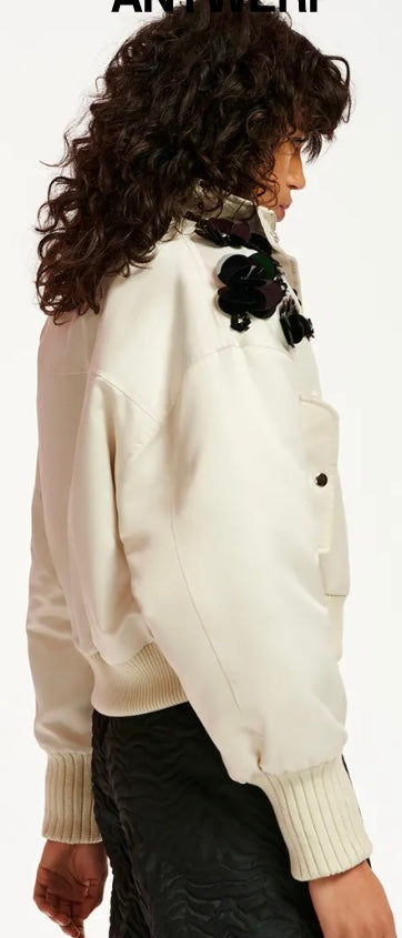 Essentiel Antwerp Off White Satin Bomber Jacket