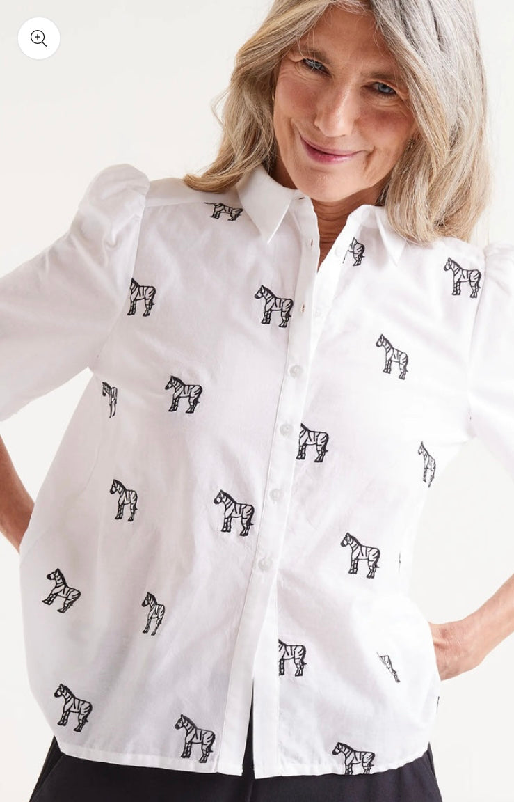 Compania White Short Sleeve Cotton Shirt with Black Zebra Print