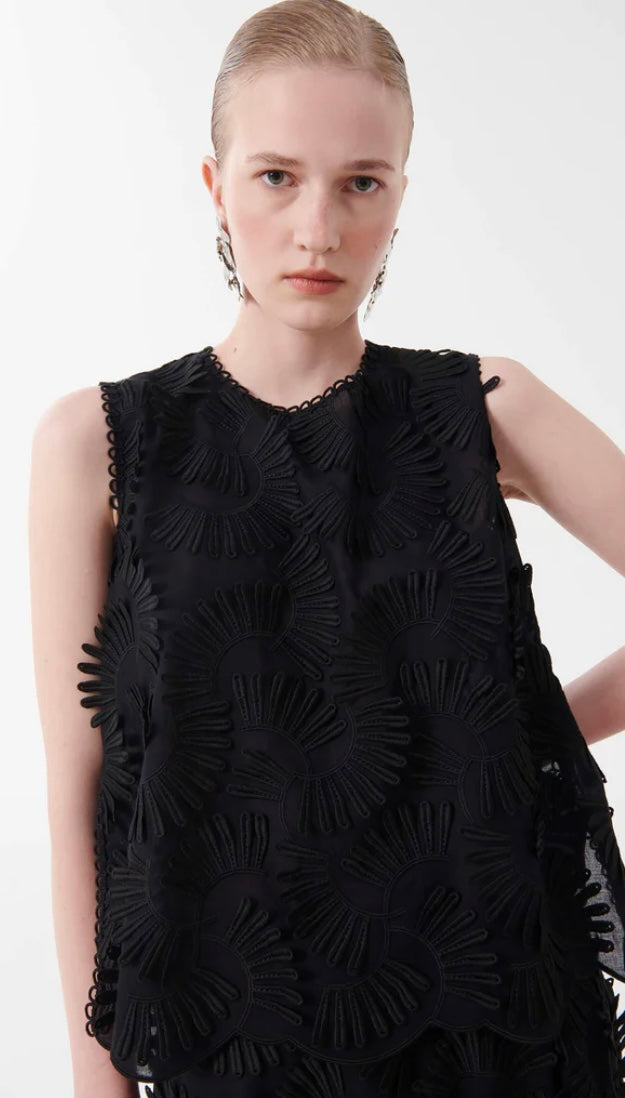 Beatrice B Black Embossed Appliqué Cotton Top  by