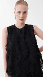 Beatrice B Black Embossed Appliqué Cotton Top  by