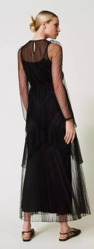 Twinset Milano Black Long Romantic pleated Tulle Dress
