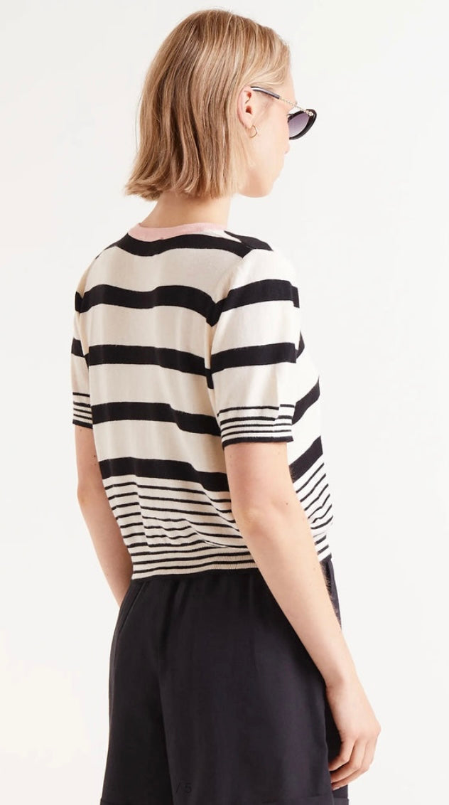 Compania Black & Soft White Fine Knit Short Sleeve Cardigan-Top