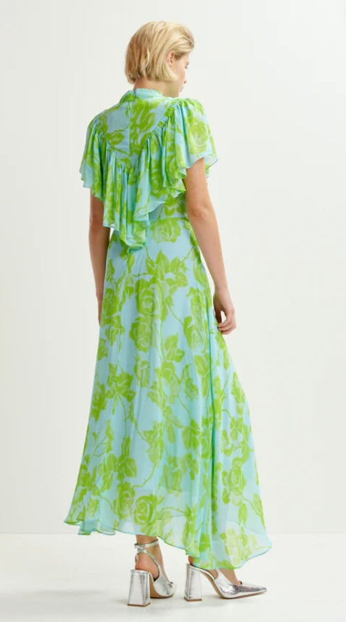 Essentiel Antwerp Green & Blue Floral Chiffon Midi Dress