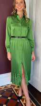 Load image into Gallery viewer, Beatrice B Kiwi Green Satin Pleated Midi Shirt Dress
