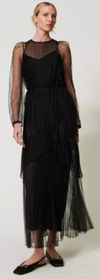 Twinset Milano Black Long Romantic pleated Tulle Dress
