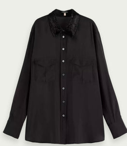 Scotch & Soda Slate Black Relaxed Shirt with Beaded Collar