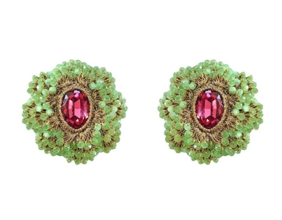 St Erasmus Green & Ruby Large Crochet Crystal Earrings