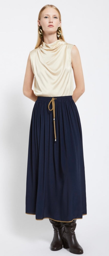 Ottodame Navy Silk Blend Fluid Midi Skirt