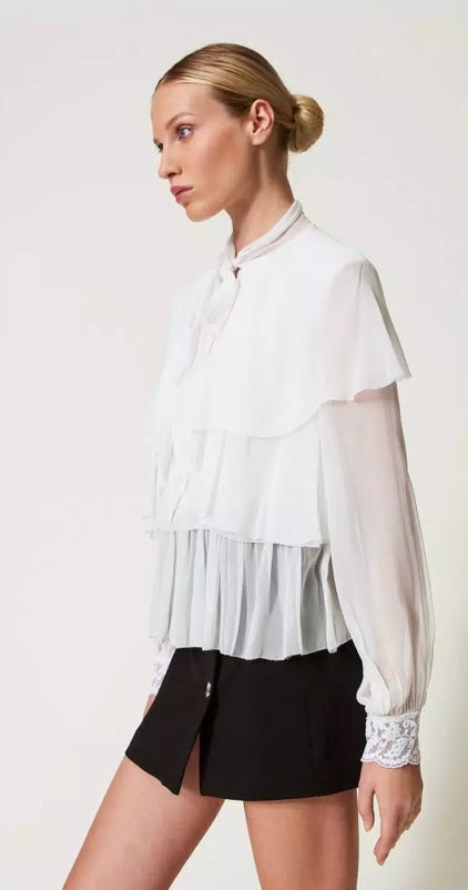 Twinset Milano Snow White Georgette Blouse with Frill & Lace