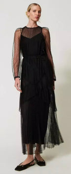 Twinset Milano Black Long Romantic pleated Tulle Dress