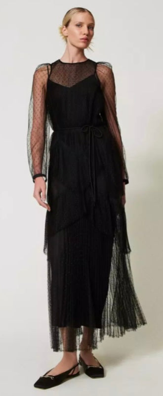 Twinset Milano Black Long Romantic pleated Tulle Dress