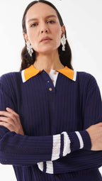 Beatrice B Navy Perforated Silk Blend Polo Shirt with contrasting Collar & Cuffs