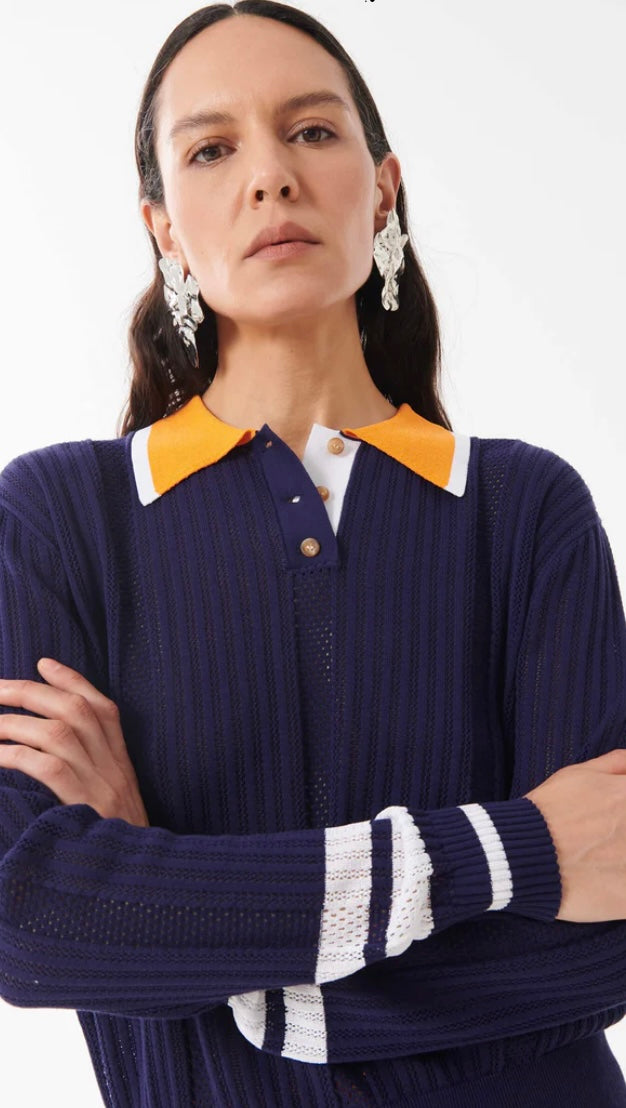 Beatrice B Navy Perforated Silk Blend Polo Shirt with contrasting Collar & Cuffs