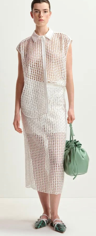Essentiel Antwerp White Mesh Skirt with Bead Embellishment