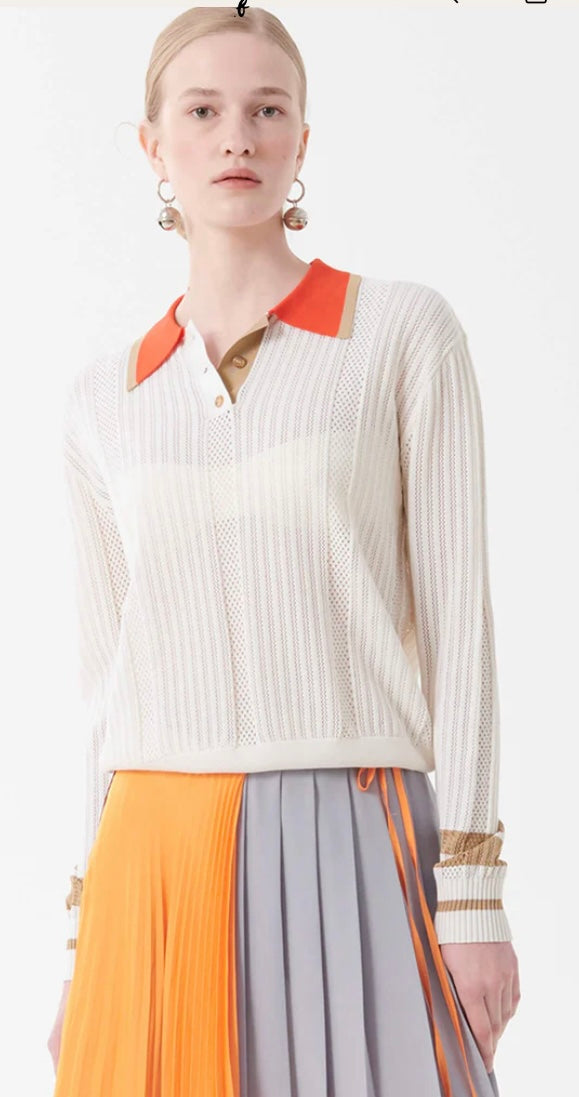 Beatrice B White Perforated Silk Blend Polo Shirt with contrasting Collar & Cuffs