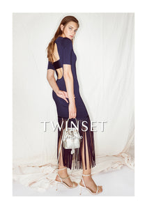 Twinset Navy Short Knit Dress with fringing