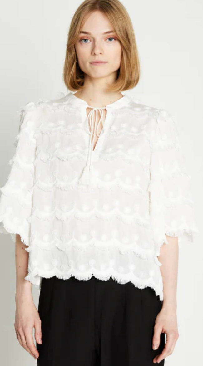 RDF White Elbow length Blouse -Top with Tassle details