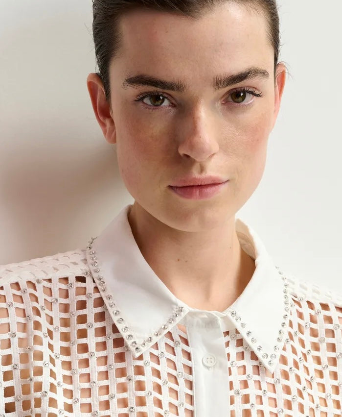 Essentiel Antwerp White Mesh Sleeveless Shirt with Crystal Embellishments