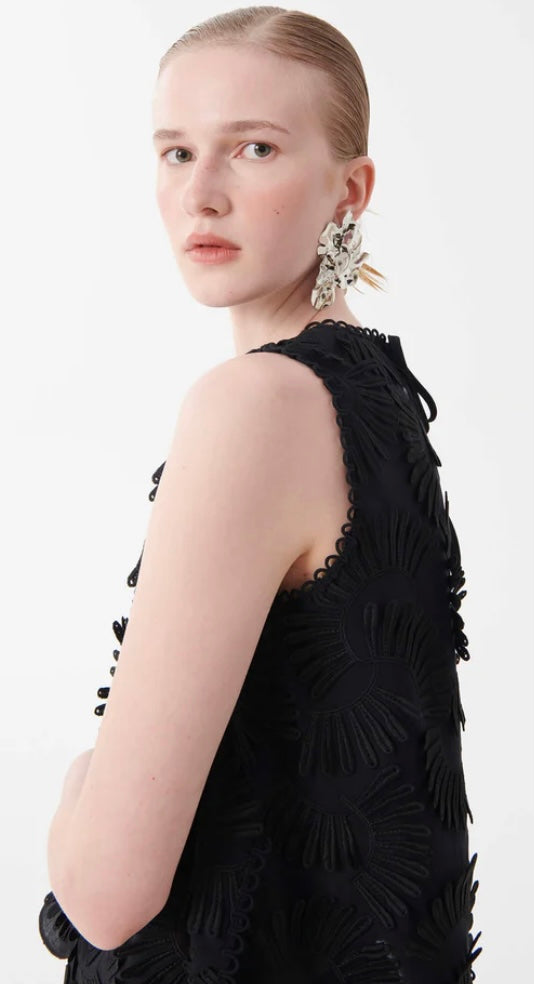 Beatrice B Black Embossed Appliqué Cotton Top  by