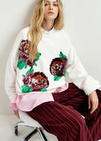 Essentiel Antwerp White Sweatshirt with Red & Green Sequin Motifs