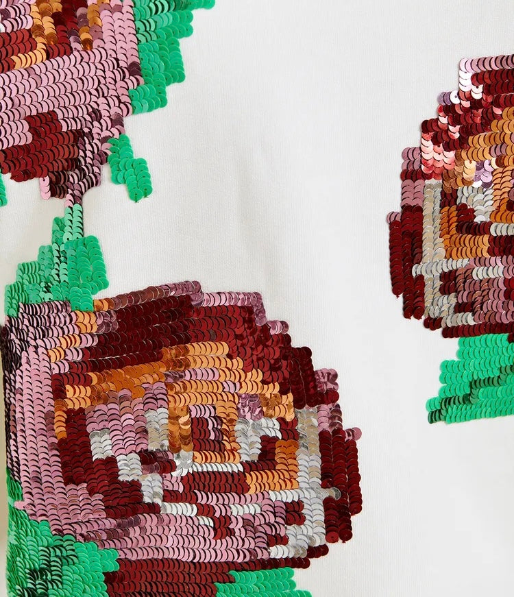 Essentiel Antwerp White Sweatshirt with Red & Green Sequin Motifs