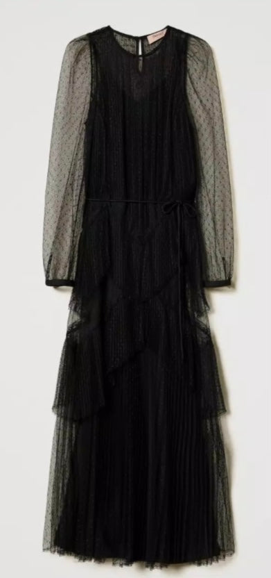 Twinset Milano Black Long Romantic pleated Tulle Dress