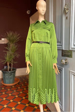 Load image into Gallery viewer, Beatrice B Kiwi Green Satin Pleated Midi Shirt Dress
