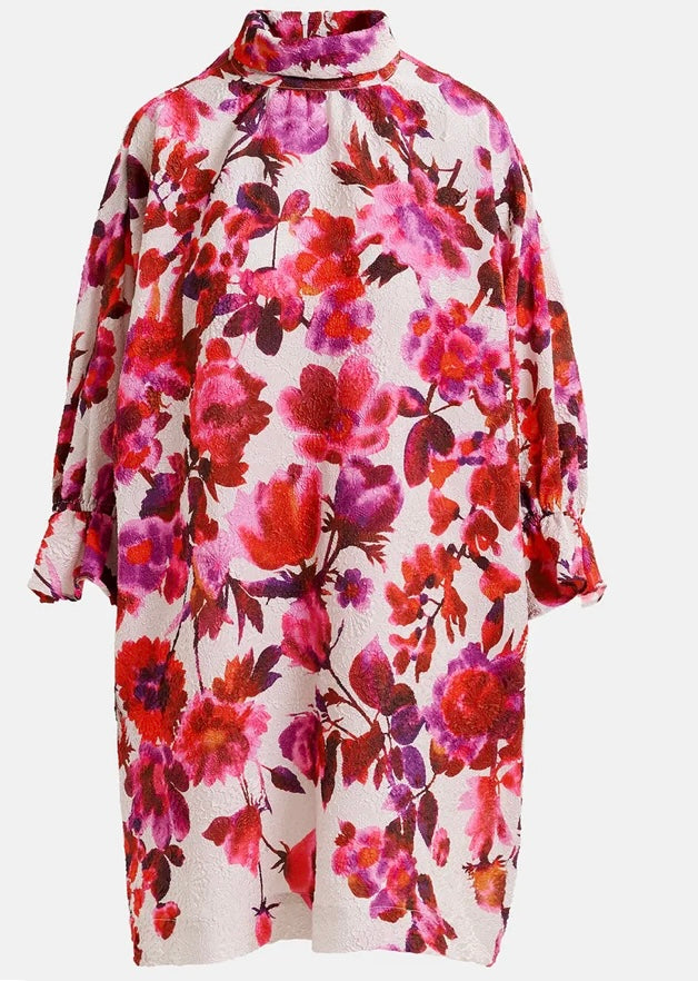 Essentiel Antwerp Pink & Purple Floral Print Mini Dress with High Collar