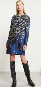 Ottod’Ame Midnight Blue & Champagne Print Long Sleeve Short Dress