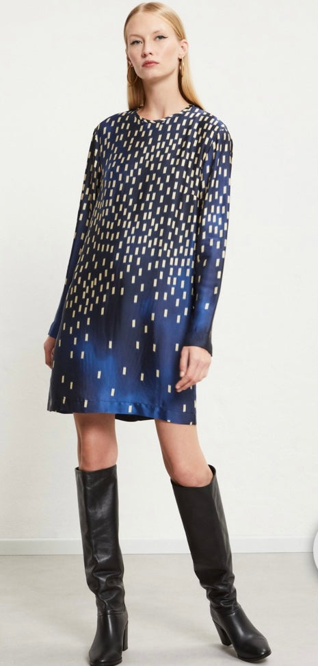 Ottod’Ame Midnight Blue & Champagne Print Long Sleeve Short Dress