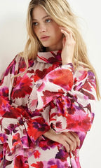 Essentiel Antwerp Pink & Purple Floral Print Mini Dress with High Collar